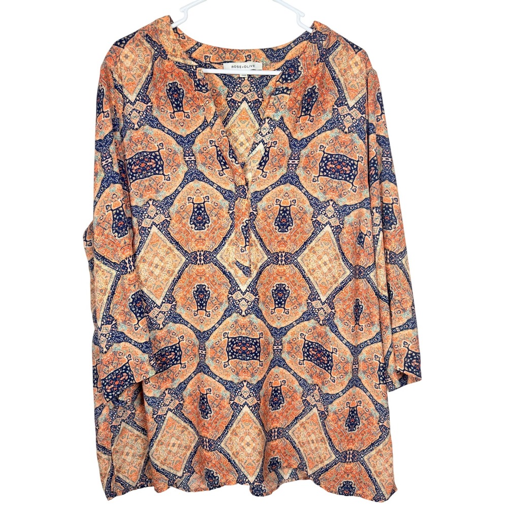 Rose + Olive Women Tunic Top 2X Orange Blue Paisley Geometric Medallion Boho Top